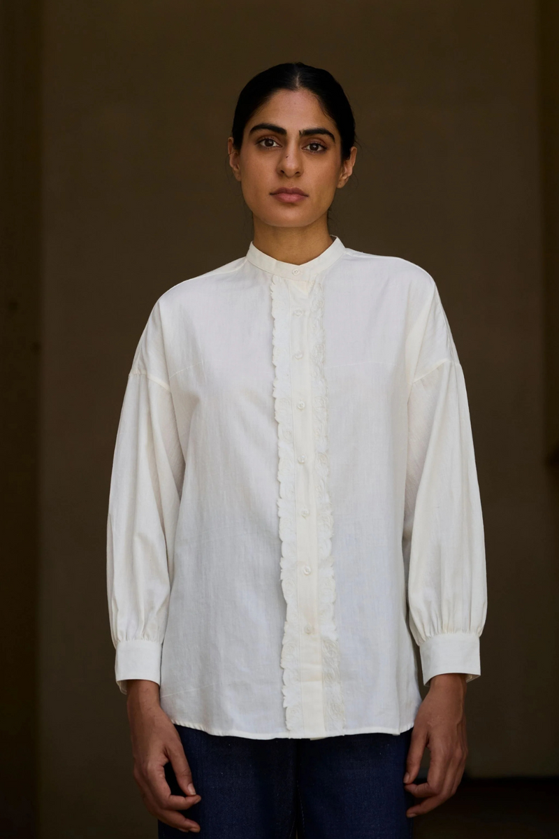 Ryuk Handwoven Embroidered Shirt cotton by The Summer House in white color for women in Singapore