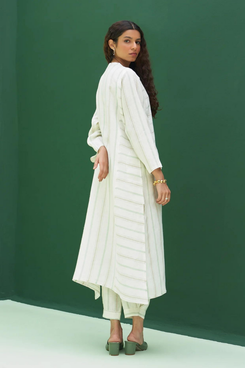 Ezra Striped Linen Kurta - Mint linen by Manan in mint color for women in Singapore