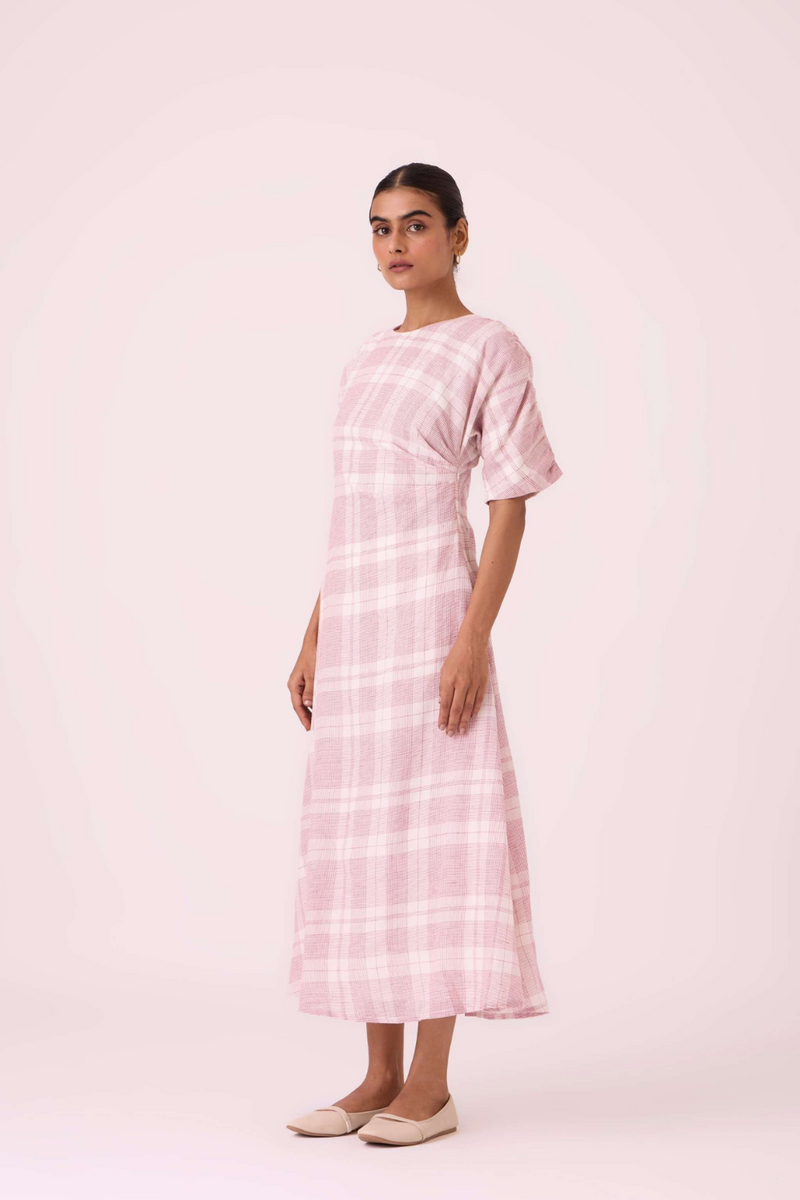 Pine Checkered Handwoven Dress cotton by The Summer House in white color for women in Singapore