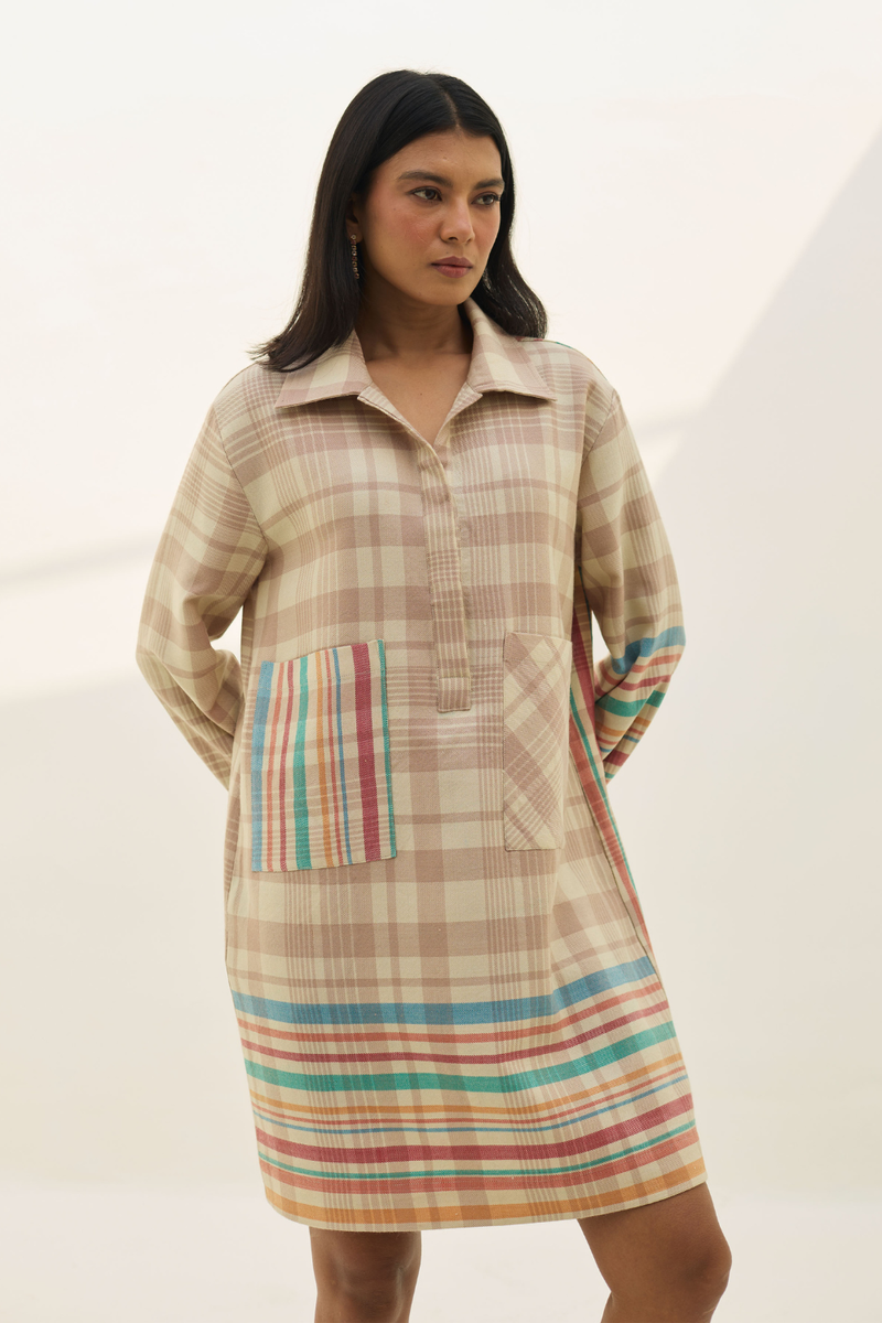 Eden Patch Pocket Dress - Beige all linen by Manan in beige color for women in Singapore