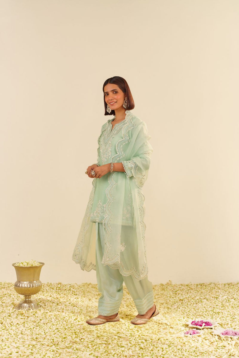 Haniya - Short Kurta With Salwar And Dupatta-Mint Green silk by SHEETAL BATRA in mint color for women in Singapore