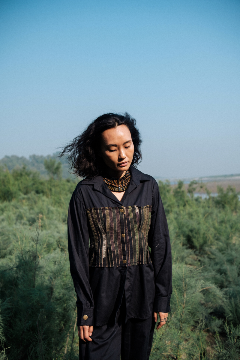 Upcycled Hunza Shirt - Black Green cotton by The Terra Tribe in green color for women in Singapore
