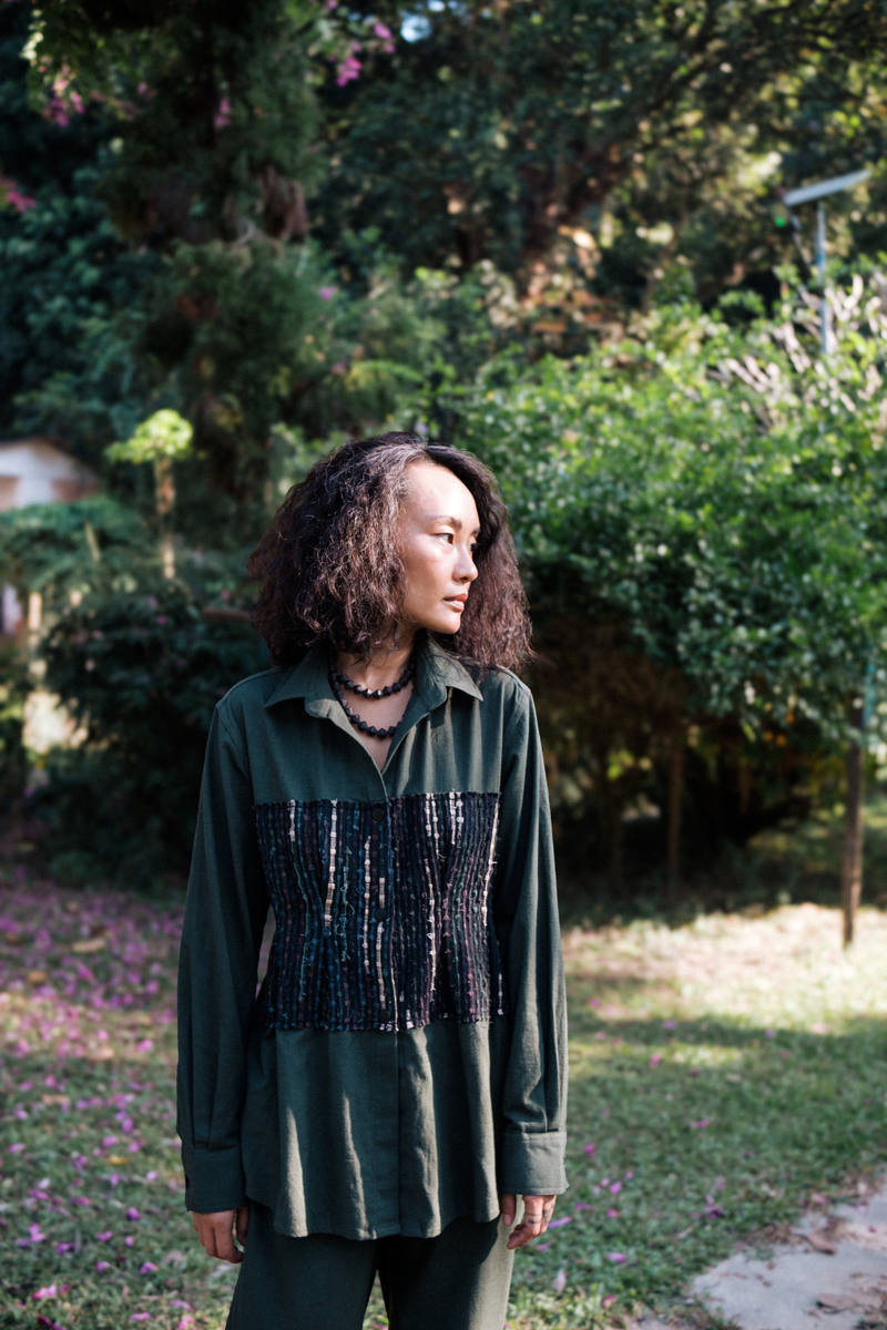 Upcycled Handwoven Hunza Shirt - Green cotton by The Terra Tribe in green color for women in Singapore