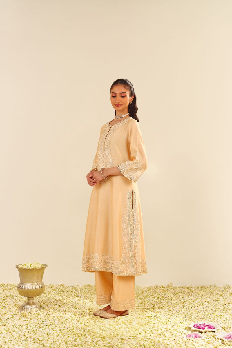 Sereen - A-Line Kurta With Palazzo And Dupatta-Beige silk by SHEETAL BATRA in beige color for women in Singapore