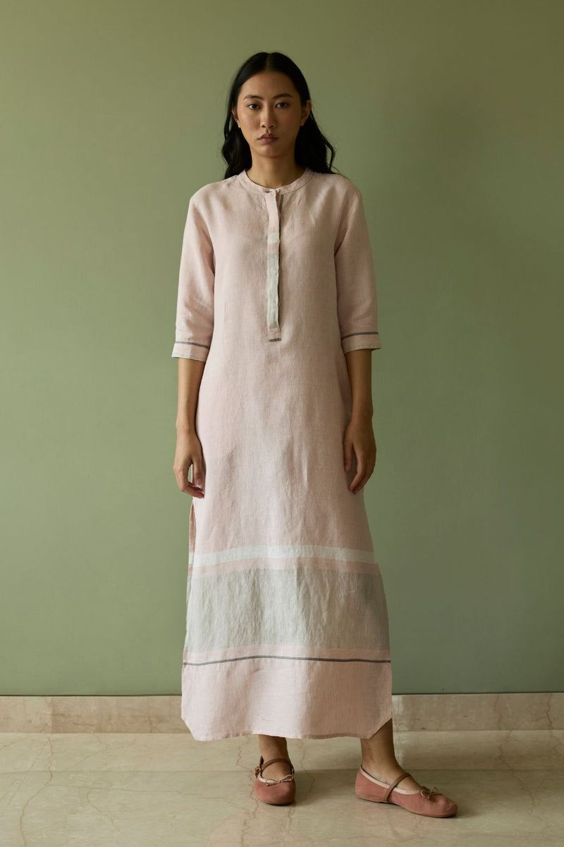 Terra Border Linen Dress-Blush linen by Manan in blush color for women in Singapore