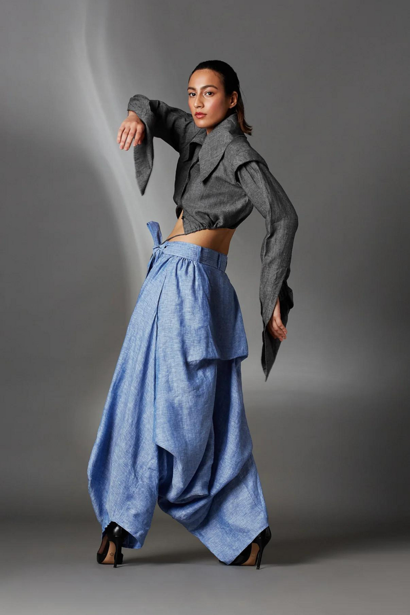 Abir Trousers in Blue-Light Blue linen by Chola in blue color for women in Singapore