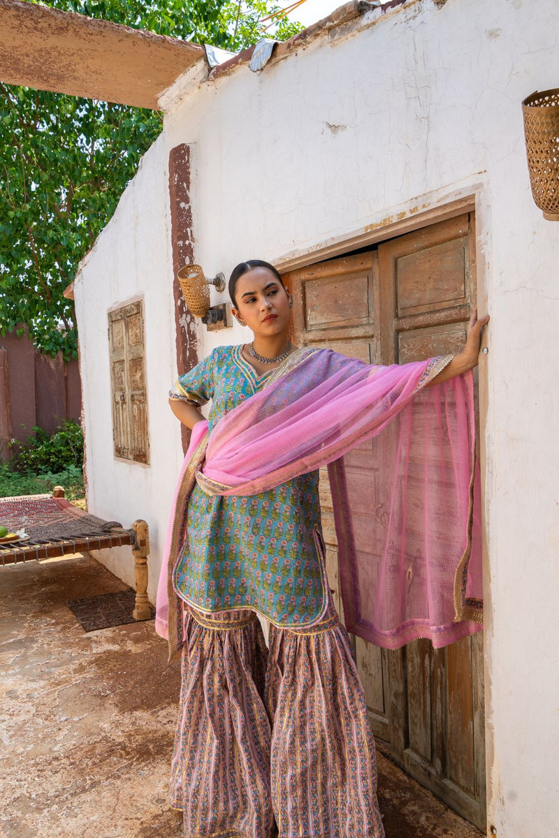 Saundh Sea green and pink hand block printed gota sharara set cotton Buy Saundh Sea green and pink hand block printed gota sharara set from C&W | Kurta/Kurta Sets for Women by Maison Shefali in multi color for women in Singapore