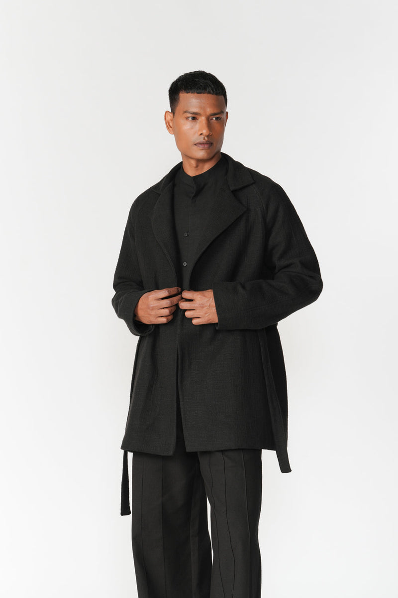 Chenille Notch Lapel Short Overcoat jacket/overlay by Turn Black in black for men in Singapore