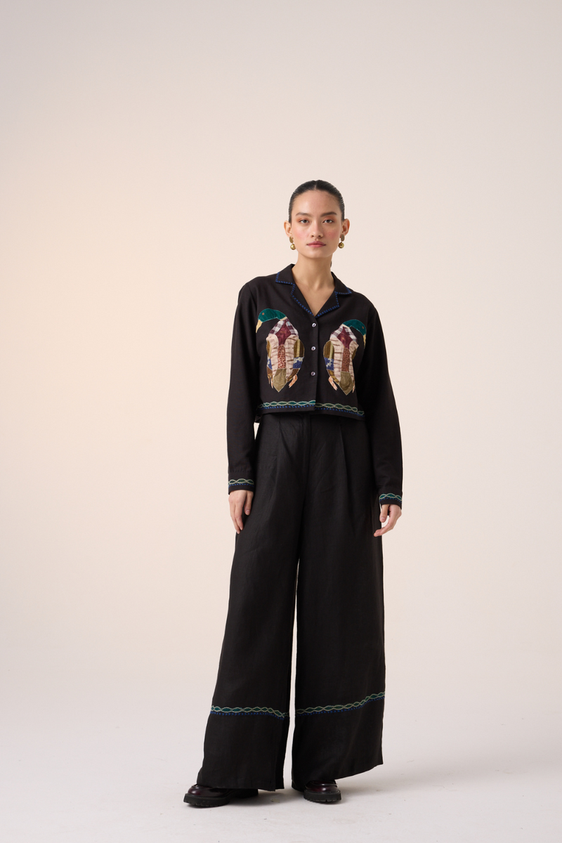 APPLIQUE PANTS -BLACK linen by CORD in multi for women in Singapore