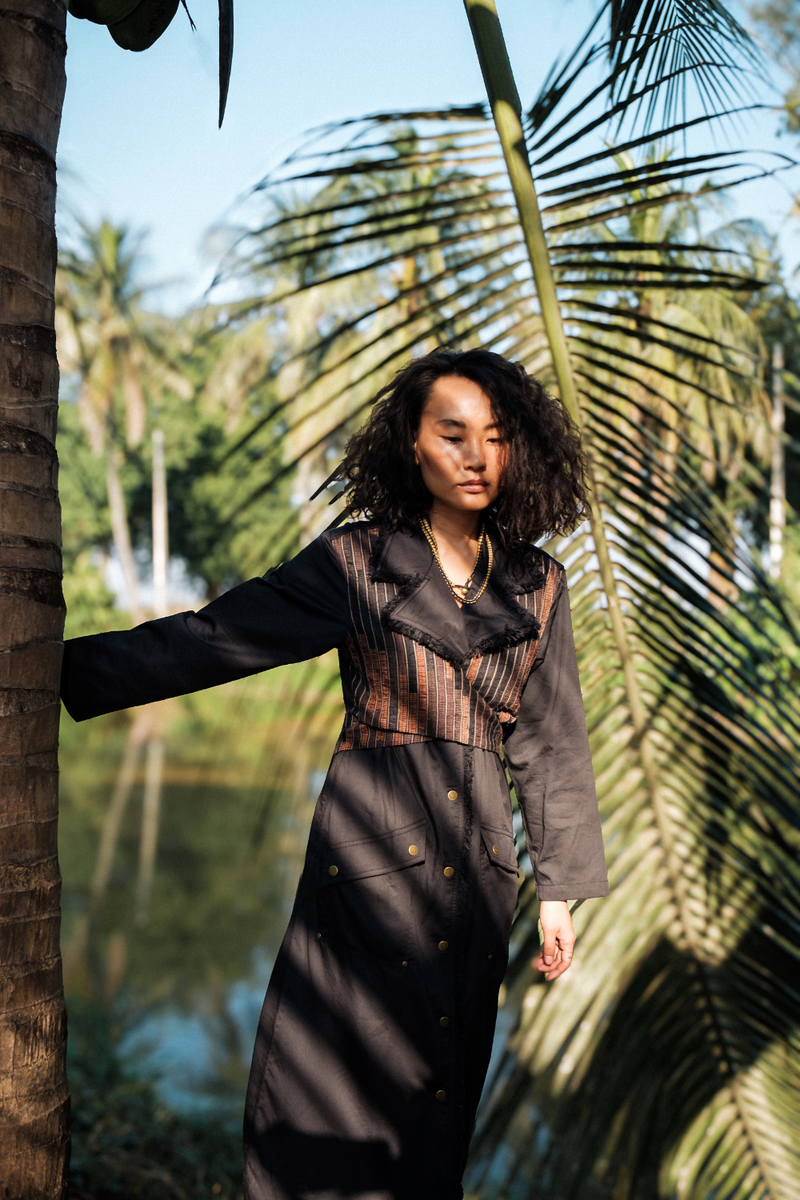 Upcycled Copenhagen Trench - Black Copper cotton by The Terra Tribe in black color for women in Singapore