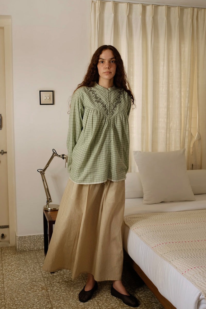 Liora-Smoke Green Checks Top handwoven cotton top/shirt by MASON AND MILL in green for women in Singapore