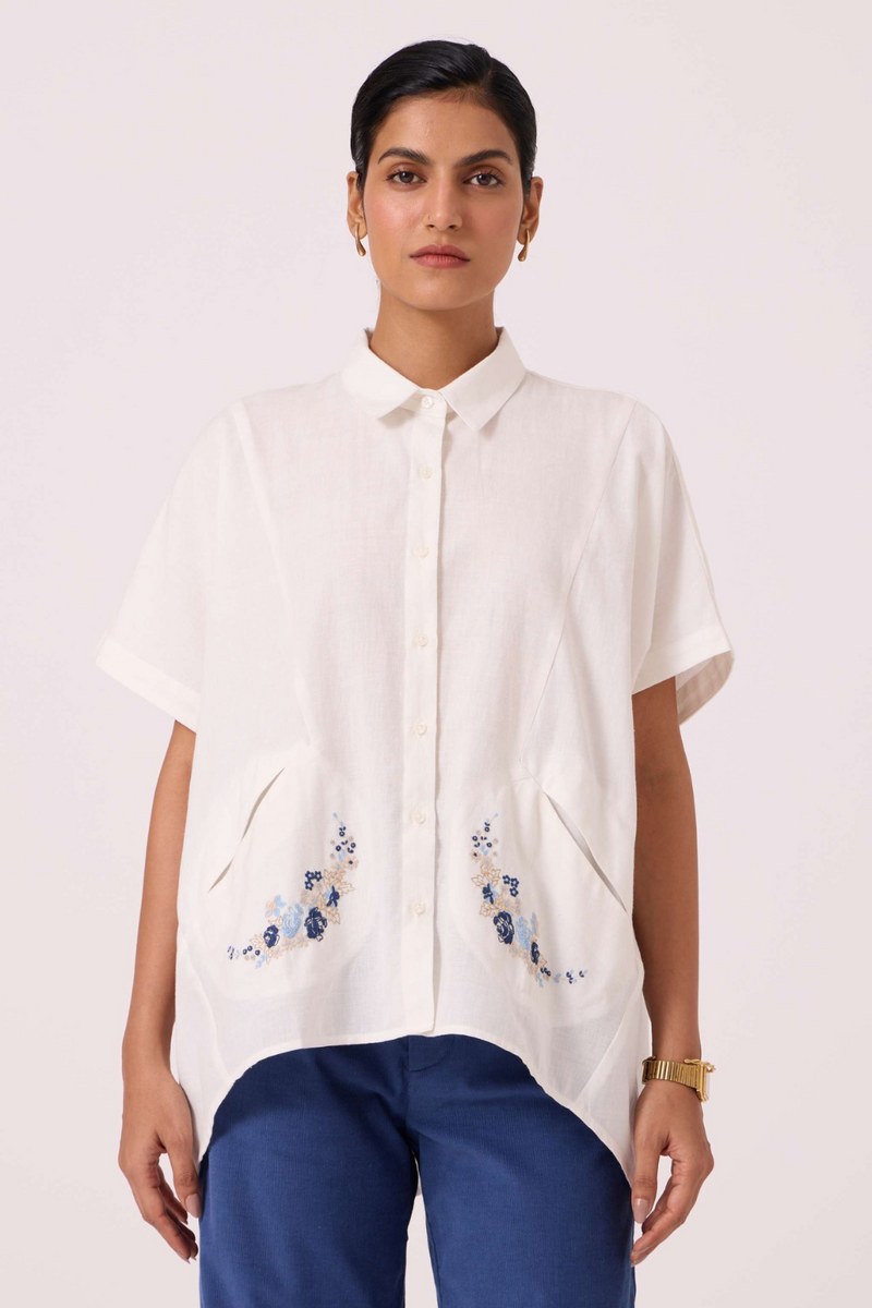Sibyl Handwoven Embrodiered Shirt cotton by The Summer House in beige color for women in Singapore