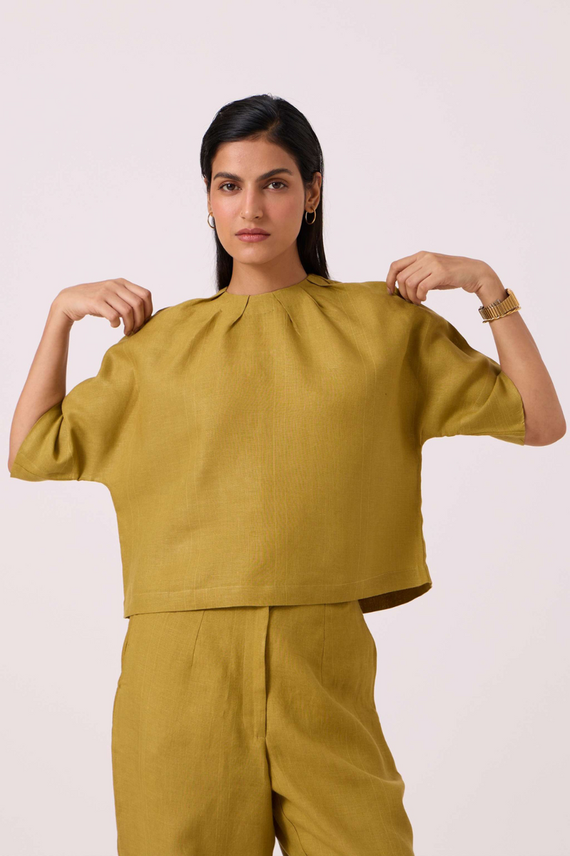Bourne Olive Linen Top linen by The Summer House in olive color for women in Singapore