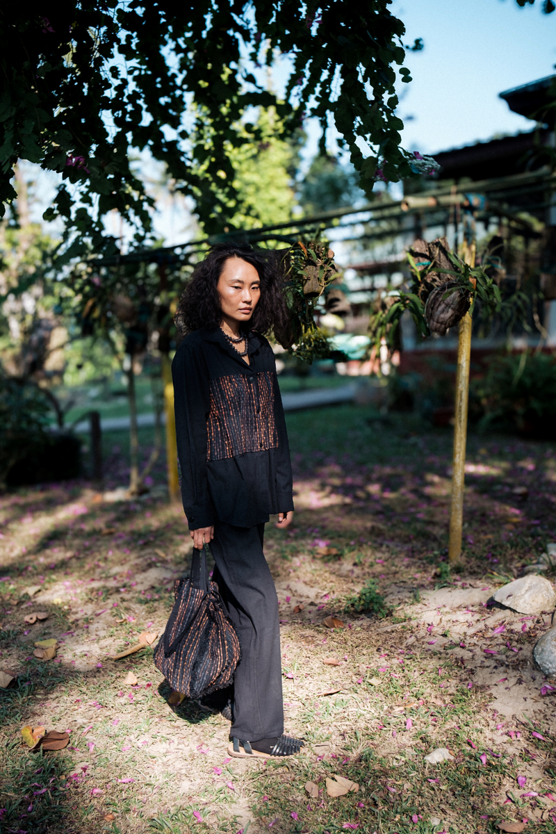 Upcycled Handwoven Hunza Shirt - Black Copper cotton by The Terra Tribe in black color for women in Singapore