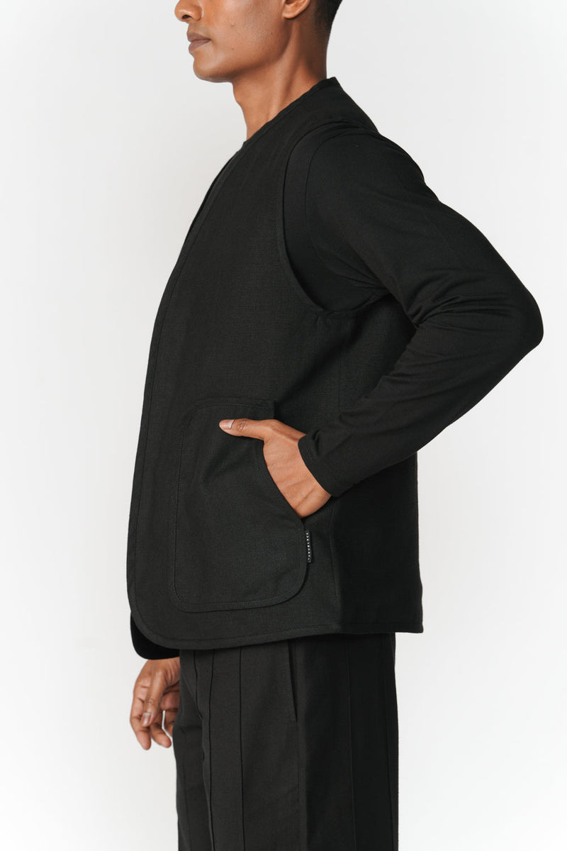 Reversible Linen-Chenille Vest jacket/overlay by Turn Black in black for men in Singapore