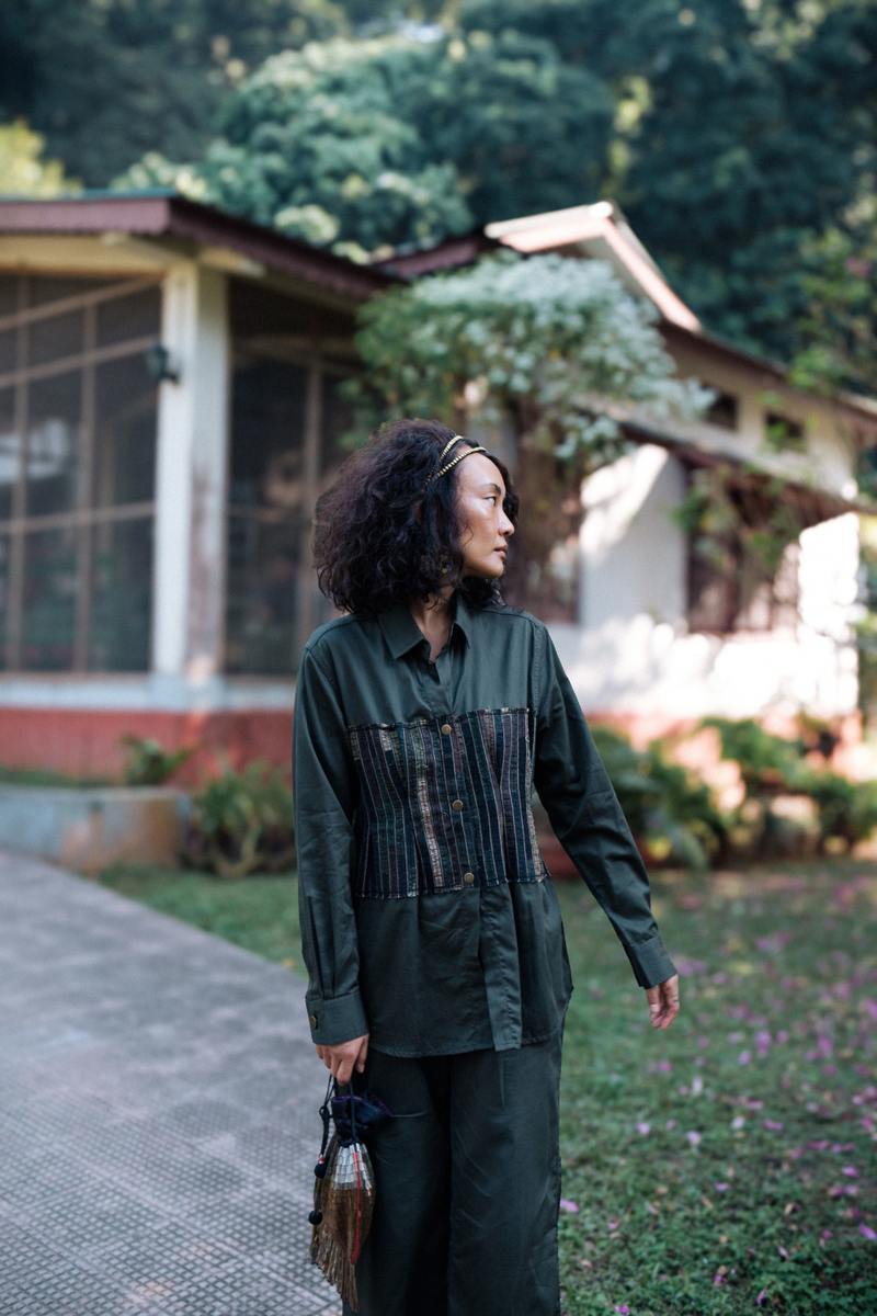 Upcycled Hunza Shirt - Green cotton by The Terra Tribe in green color for women in Singapore