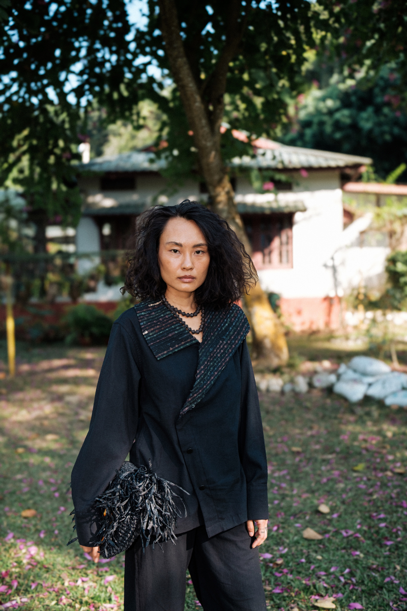 Upcycled Handwoven Arrow collar shirt - Black Green cotton by The Terra Tribe in green color for women in Singapore