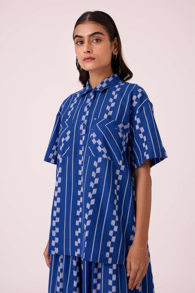 Alyosha Blue Striped Ikat Shirt cotton by The Summer House in blue color for women in Singapore