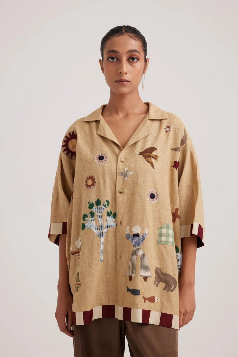 Unisex Oversized Shirt-Folk Applique-Beige linen by CORD for women in Singapore