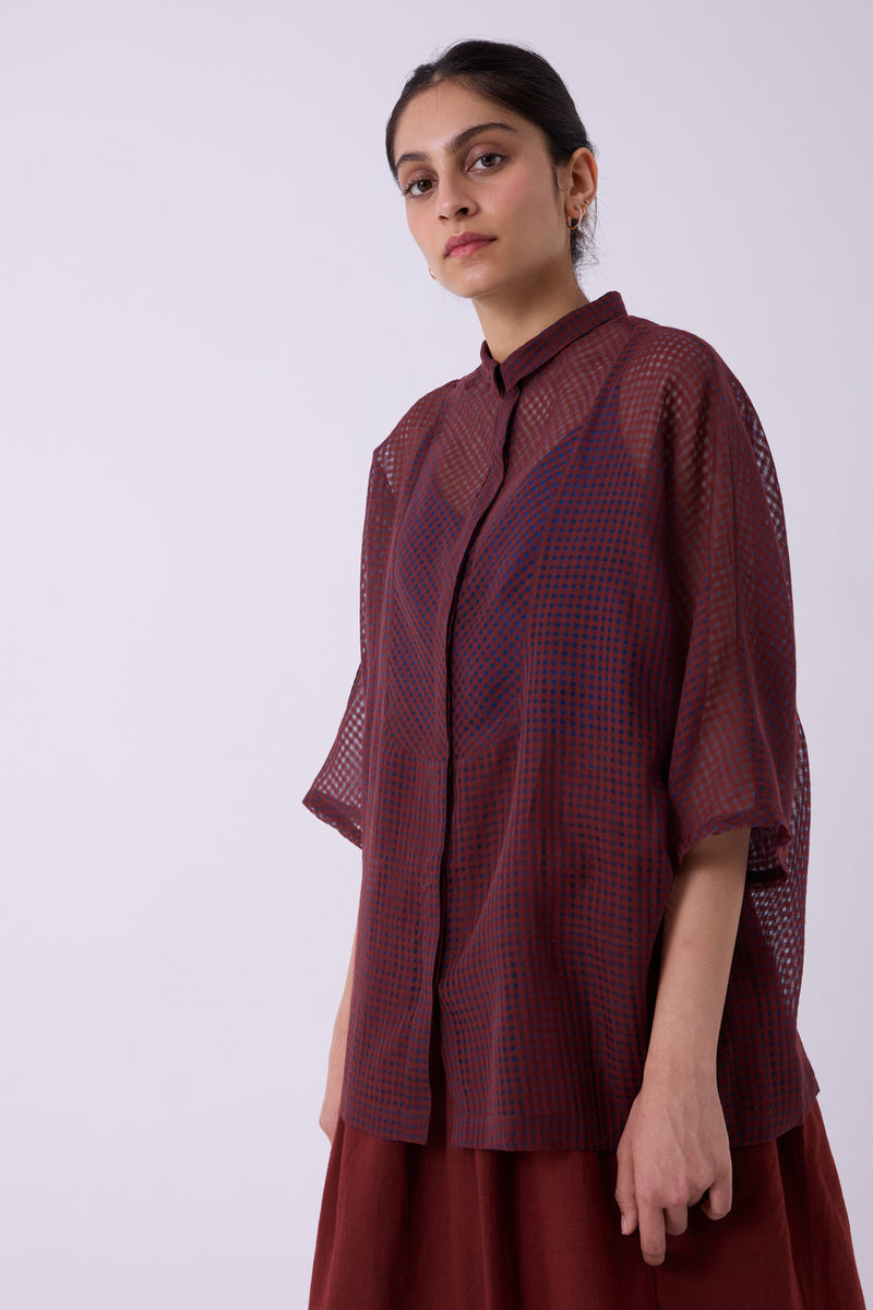 Zuri Blue Checkered HandwovenTop handwoven silk cotton top/shirt by The Summer House in blue for women in Singapore