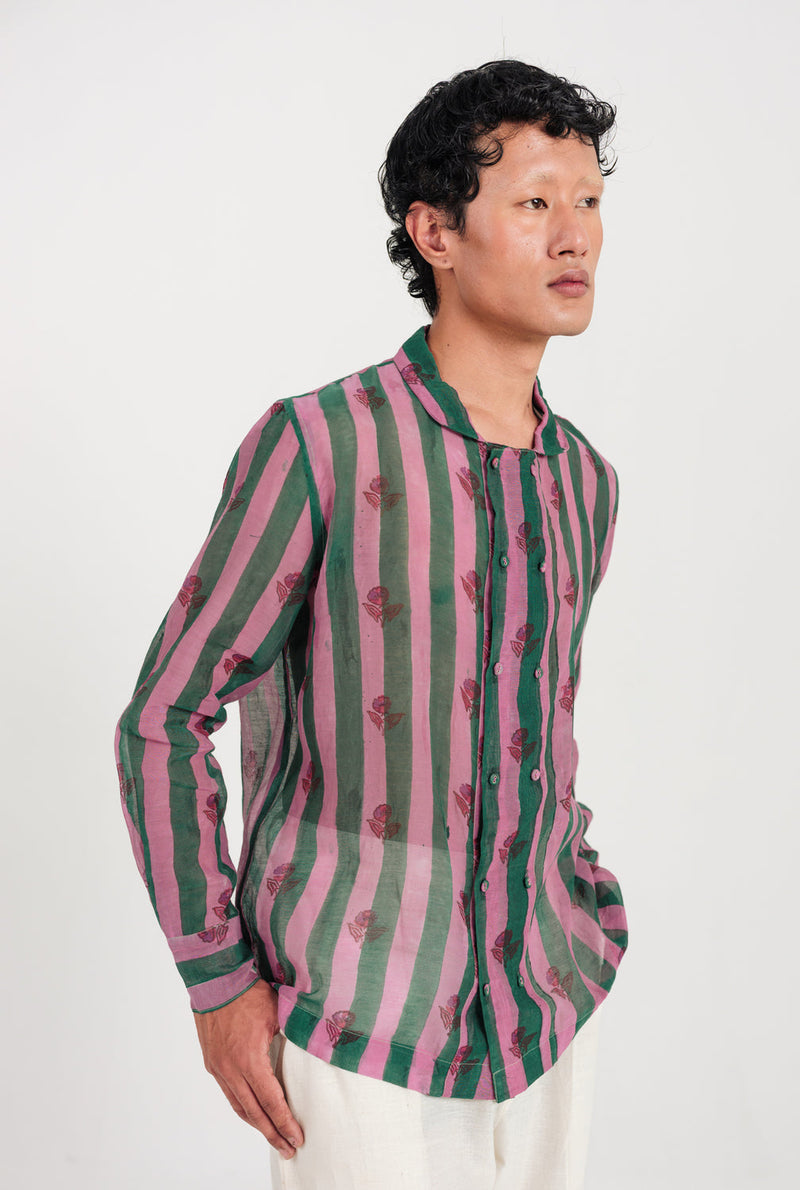 Twirl Shirt mul chanderi shirt by Jodi Men in green, pink for men in Singapore