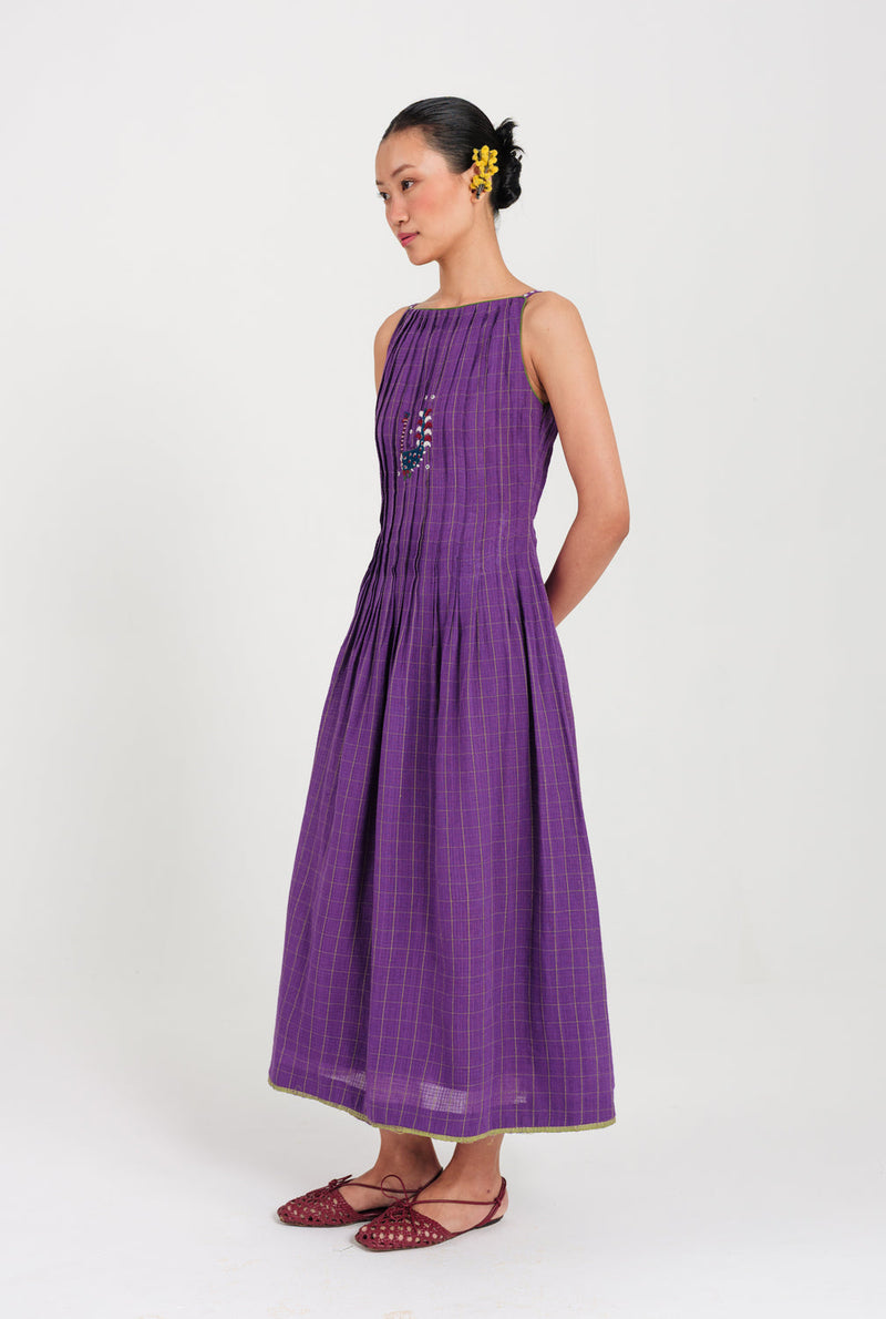 Drift Handloom Pleated Dress handwoven cotton dress by JodiLife in purple for women in Singapore