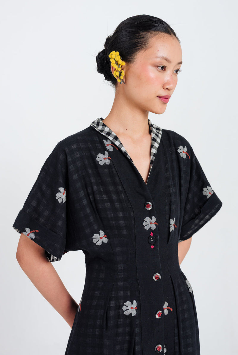 Leap Jamdani Midi Dress jamdani dress by JodiLife in black for women in Singapore