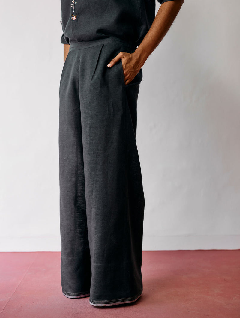 Rin Linen Pants-Charcoal linen pant/trouser by Manan Men in charcoal for men in Singapore