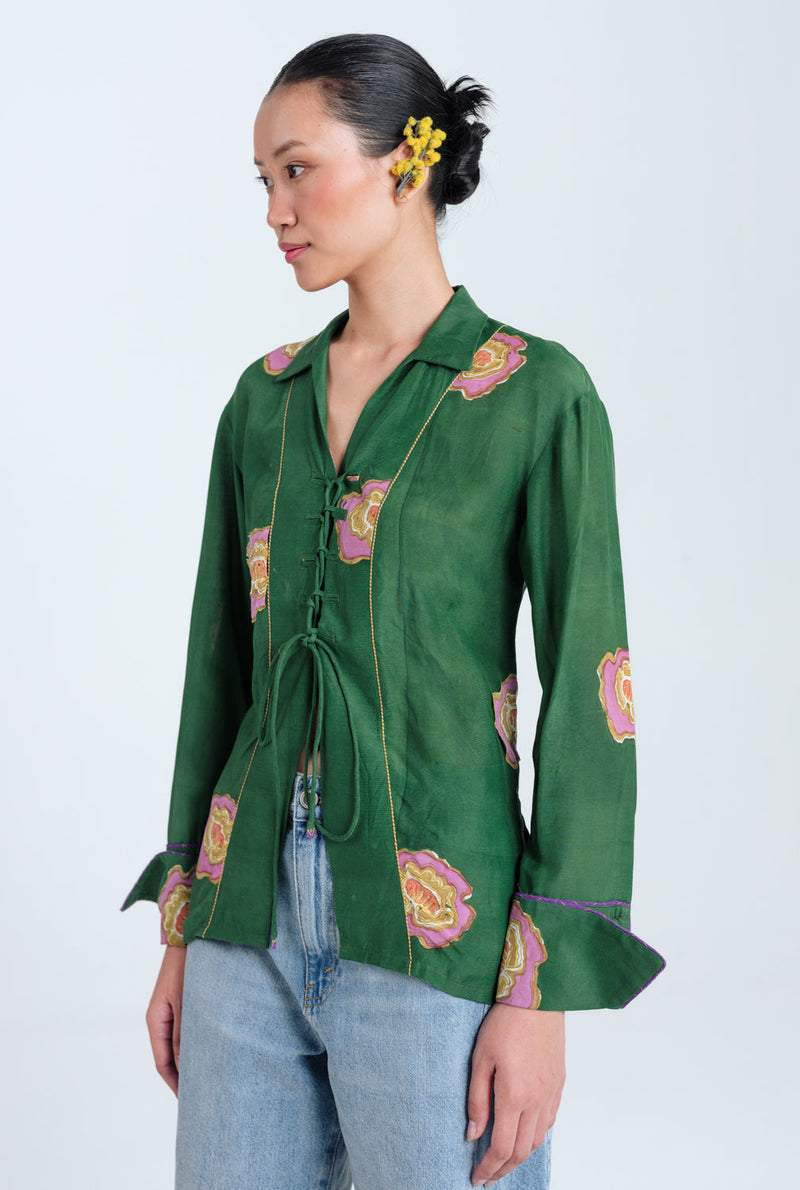 Flow Blouse muslin silk top/shirt by JodiLife in green for women in Singapore