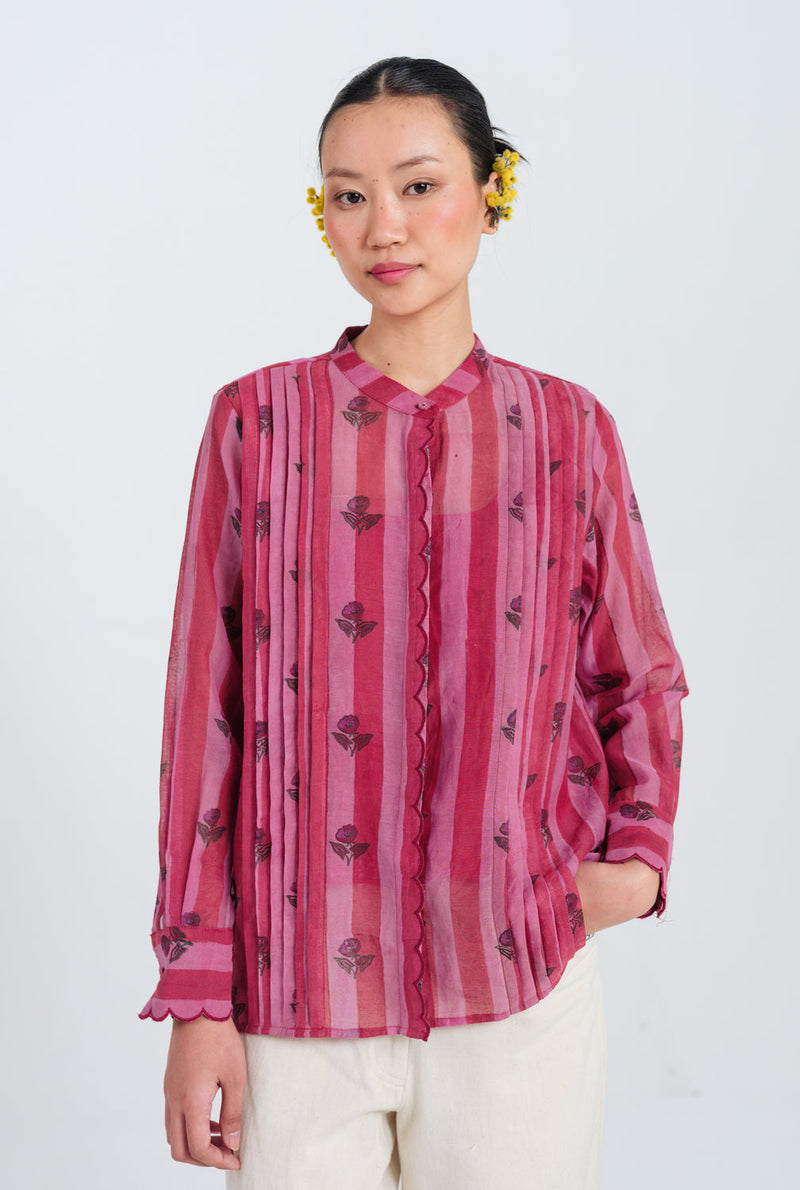 Spring Scallop Shirt mul chanderi top/shirt by JodiLife in red, pink for women in Singapore