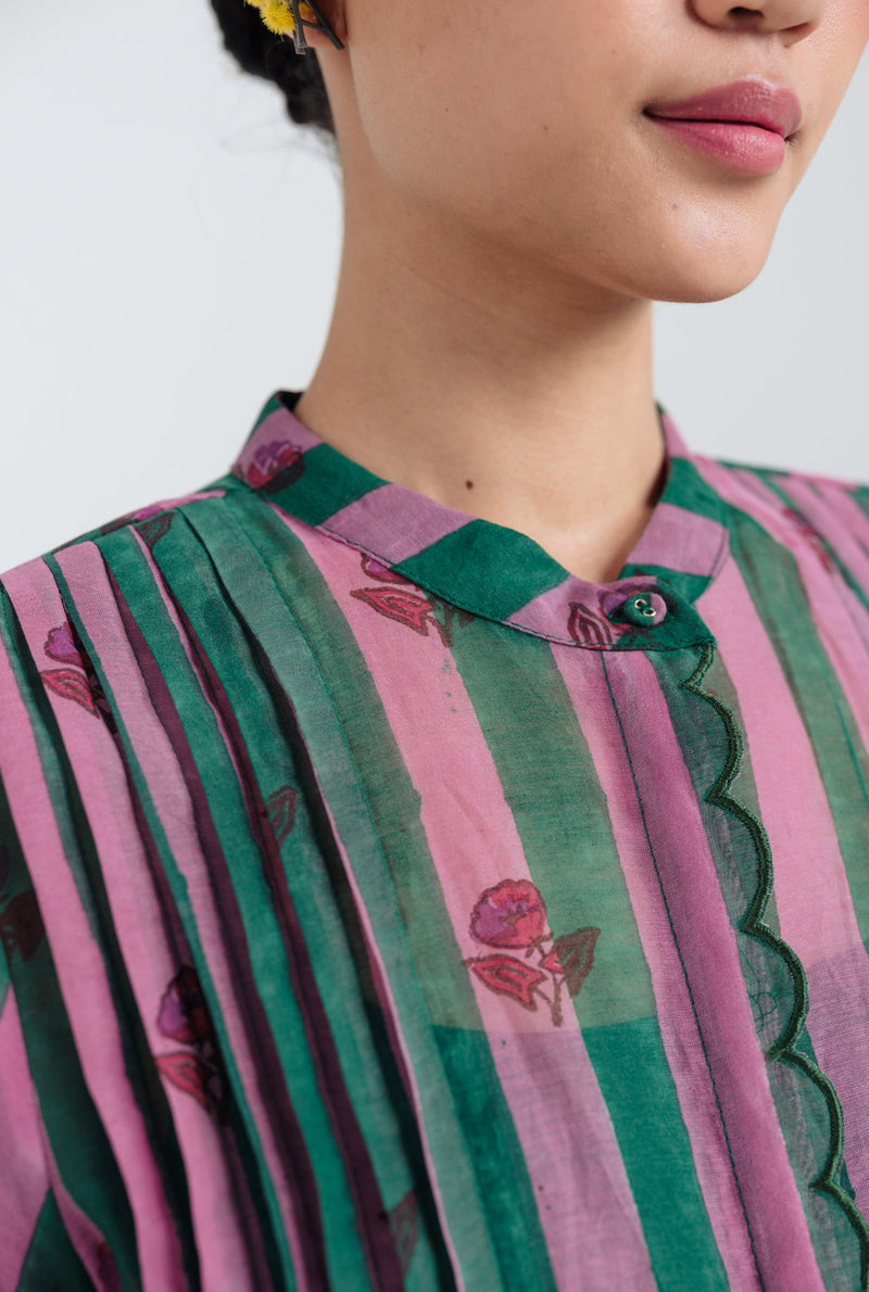 Twirl Scallop Shirt mul chanderi top/shirt by JodiLife in pink, green for women in Singapore