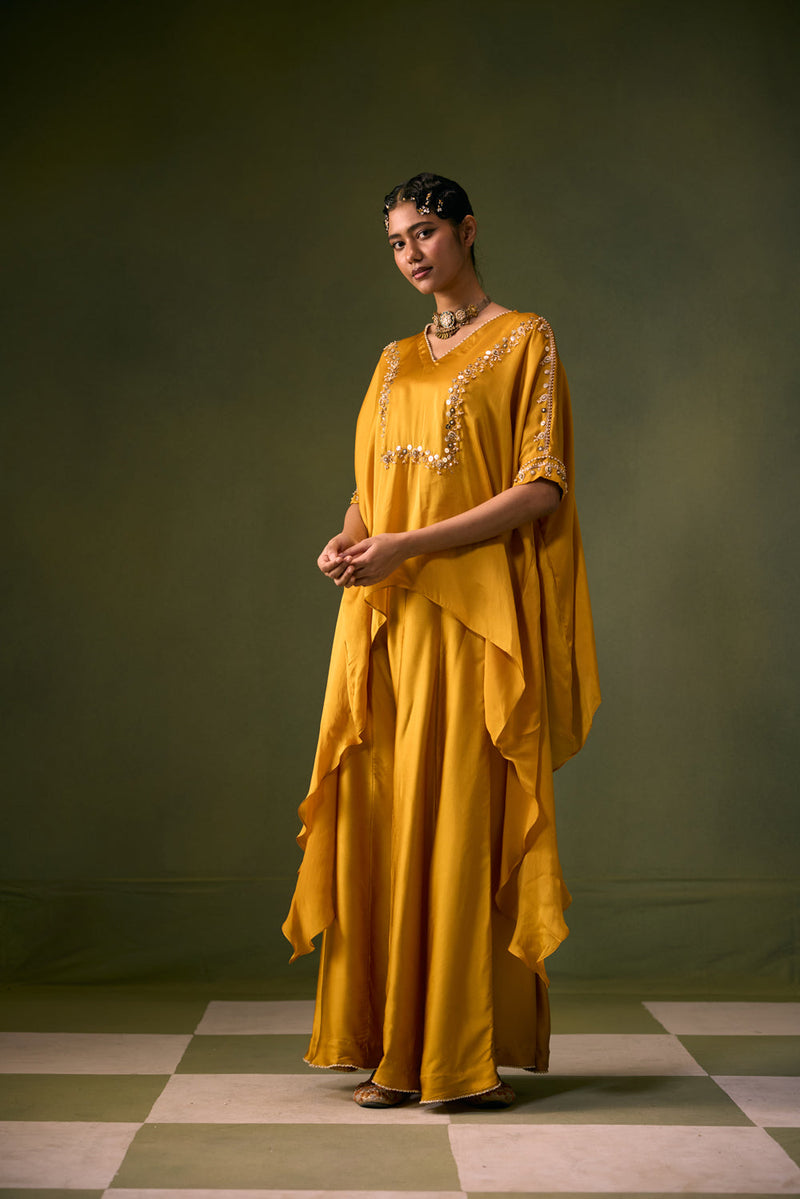 Cove Antifit Asymmetric Top with Flared Pants vegan satin, organza satin indo-western by PRAHNAAYA in musturd yellow for women in Singapore