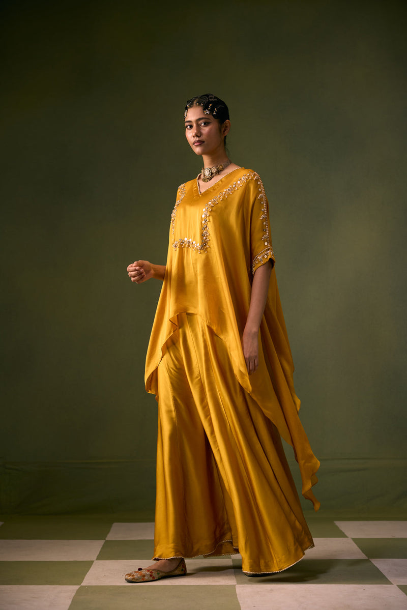 Cove Antifit Asymmetric Top with Flared Pants vegan satin, organza satin indo-western by PRAHNAAYA in musturd yellow for women in Singapore