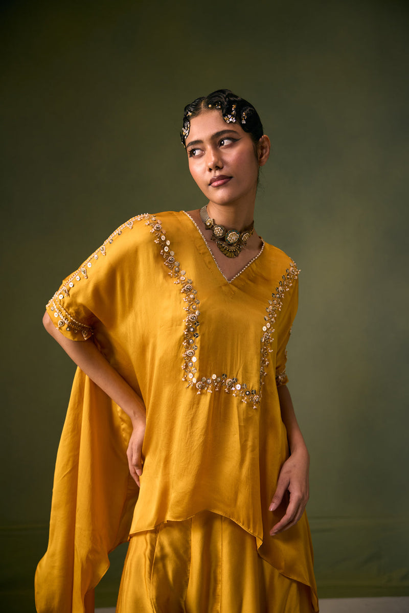 Cove Antifit Asymmetric Top with Flared Pants vegan satin, organza satin indo-western by PRAHNAAYA in musturd yellow for women in Singapore