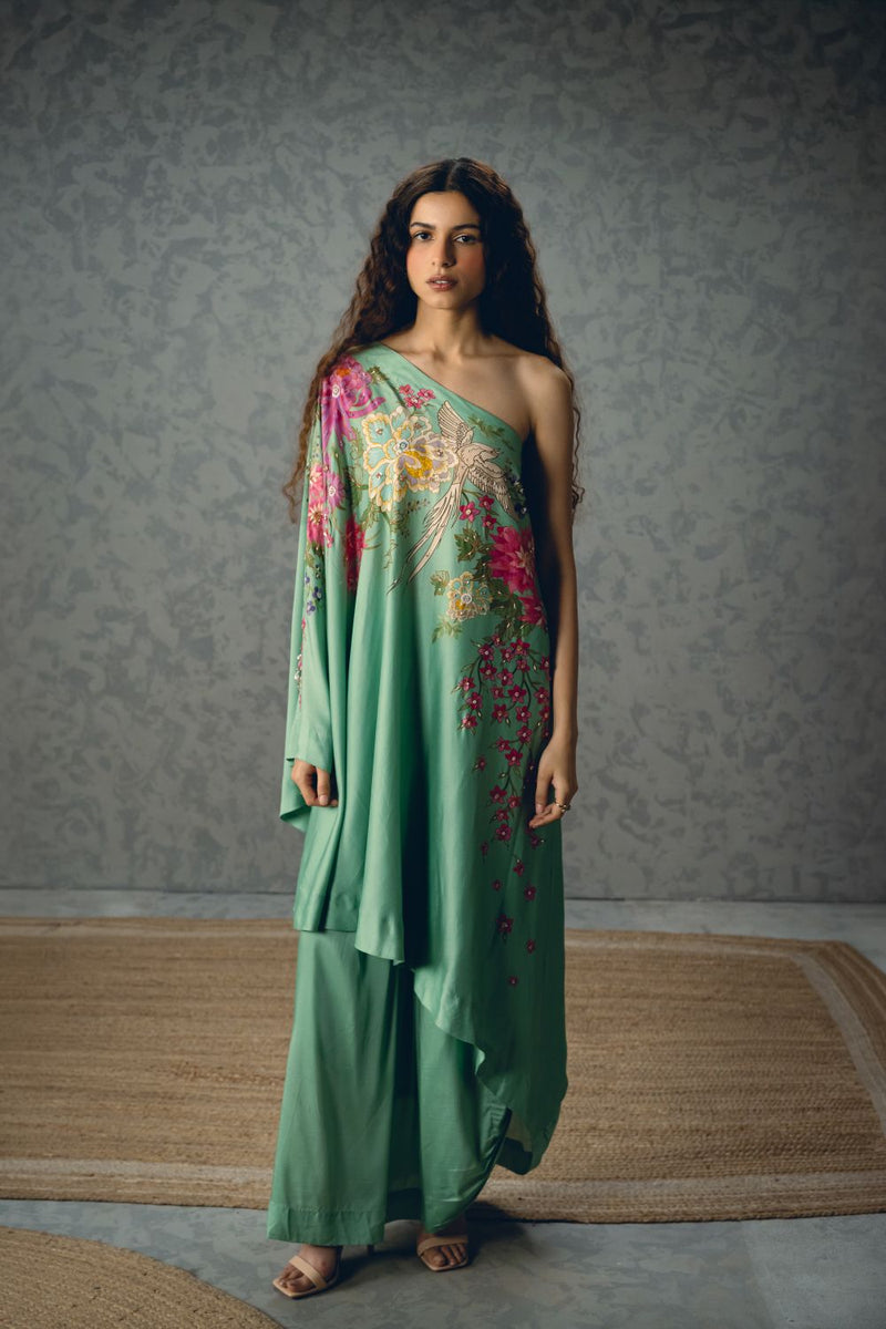 NATSU CO-ORD SET- BLUE silk by Paulmi & Harsh in blue color for women in Singapore