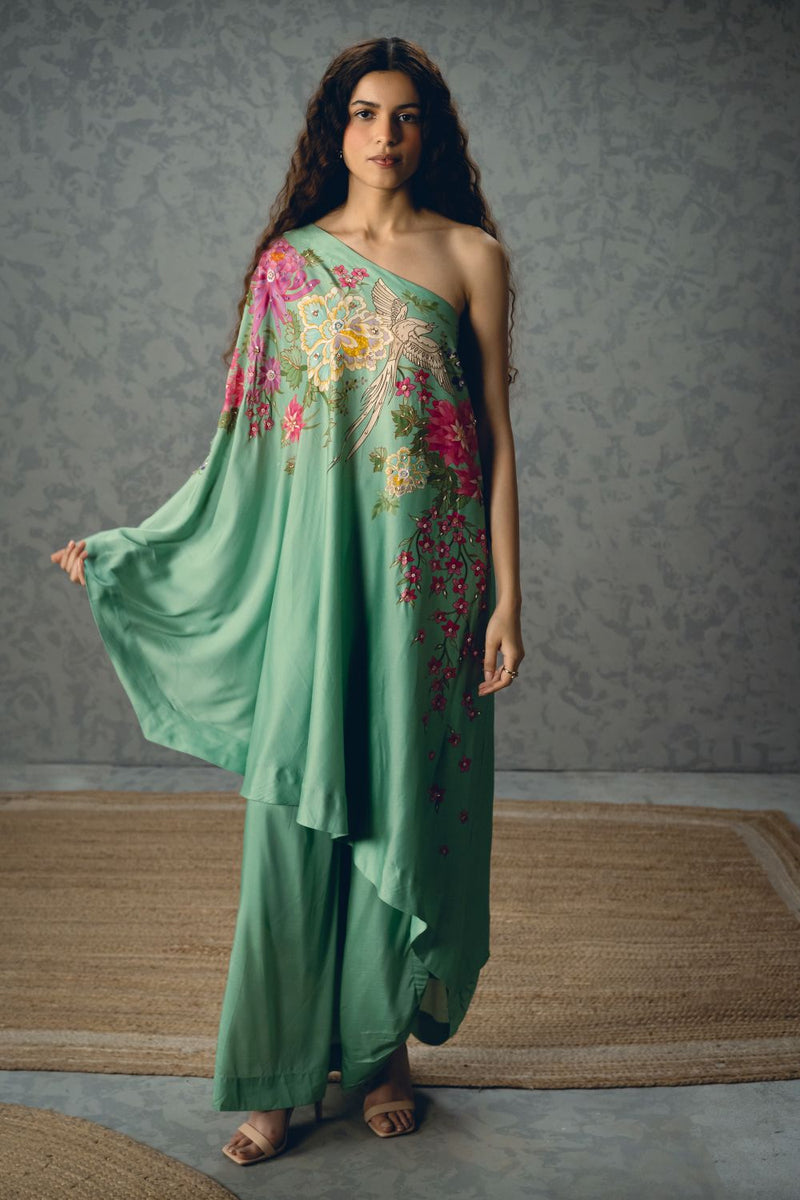 NATSU CO-ORD SET- BLUE silk by Paulmi & Harsh in blue color for women in Singapore