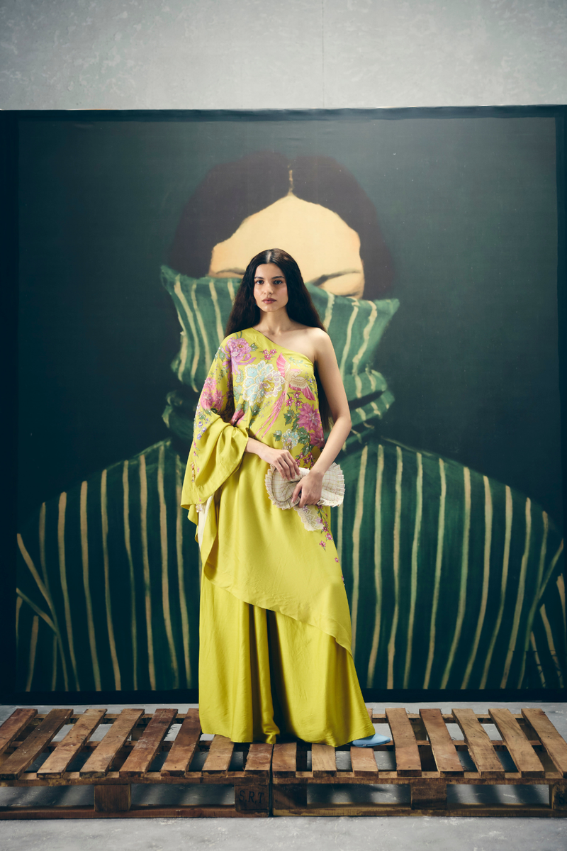 NATSU CO-ORD SET- YELLOW silk by Paulmi & Harsh in yellow color for women in Singapore