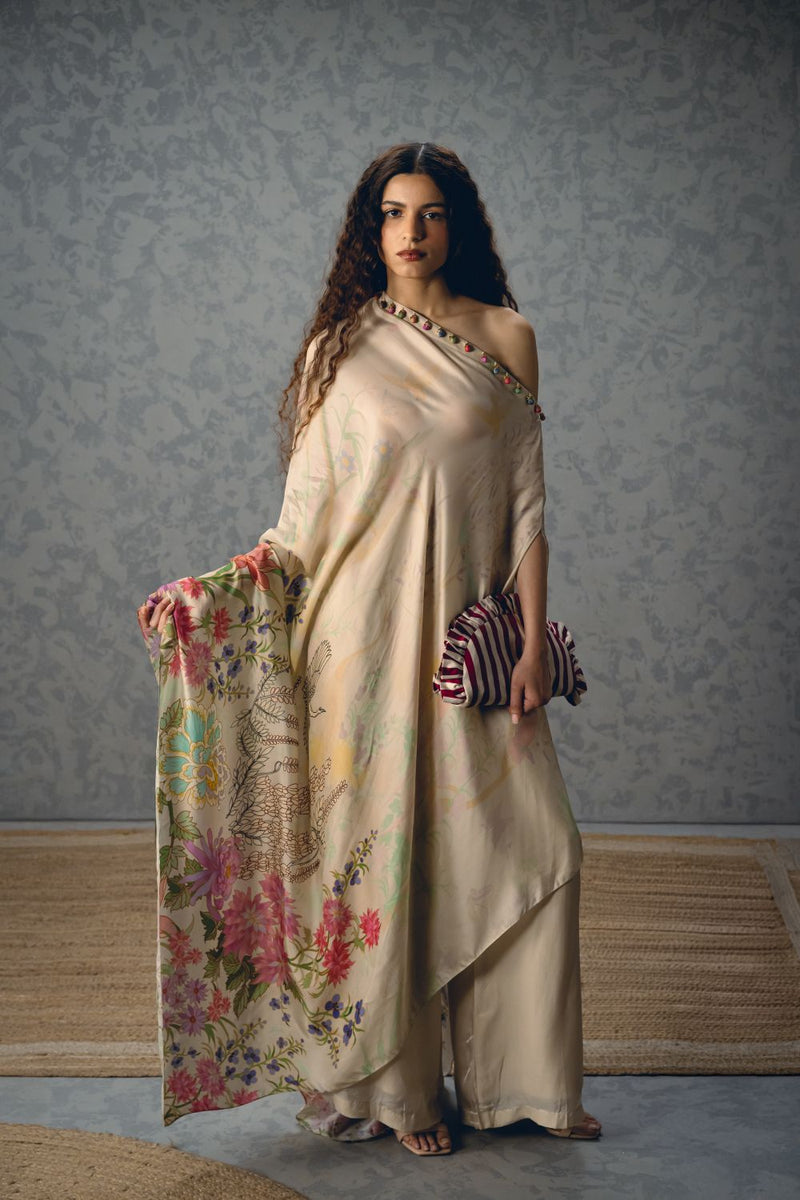 NATSU CO-ORD SET- IVORY satin by Paulmi & Harsh in ivory color for women in Singapore