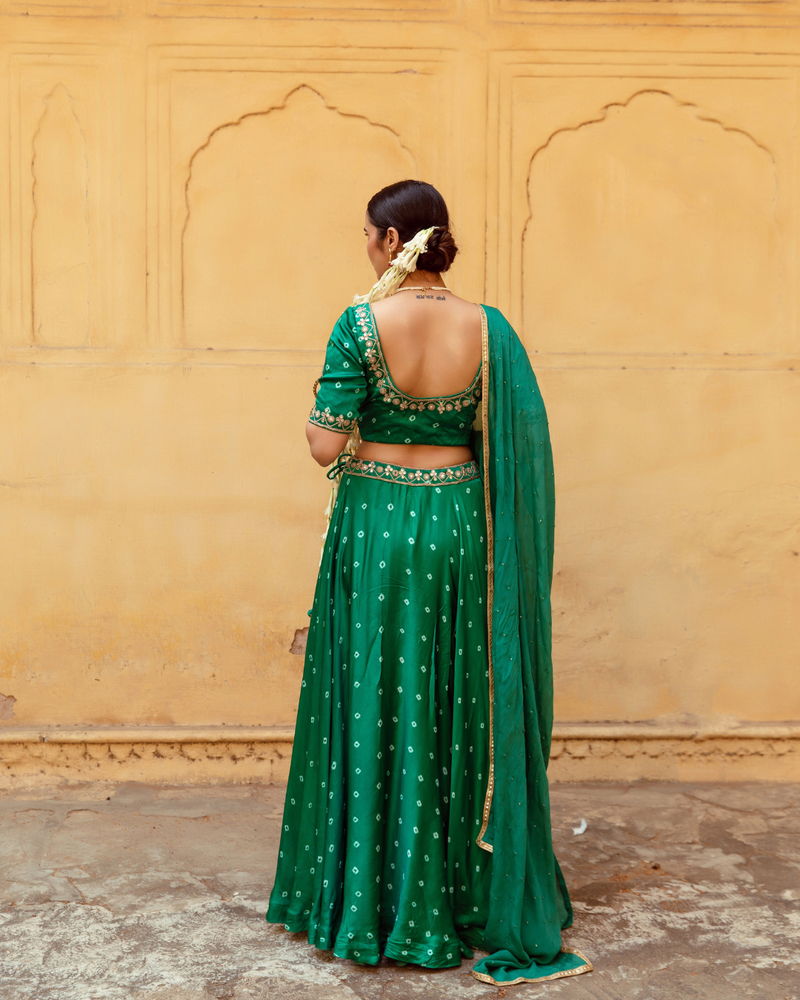 Green & White Bandhej Print Lehenga Set satin Buy Green & White Bandhej Print Lehenga Set from C&W | Lehenga Sets for Women by Maison Shefali in multi color for women in Singapore