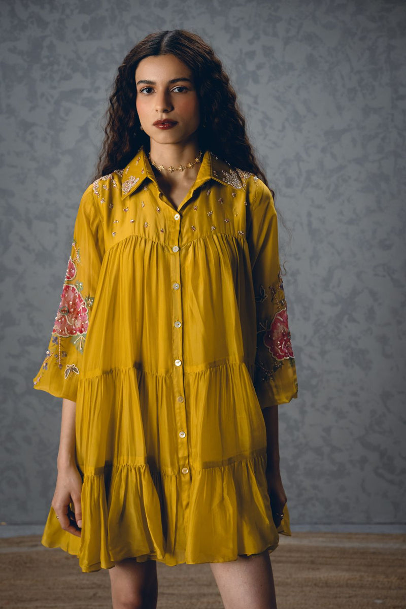 LANA DRESS – YELLOW silk organza dress by Paulmi & Harsh in mustard yellow for women Singapore