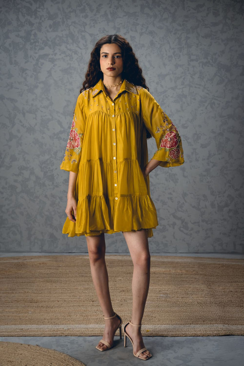 LANA DRESS – YELLOW silk organza dress by Paulmi & Harsh in mustard yellow for women Singapore