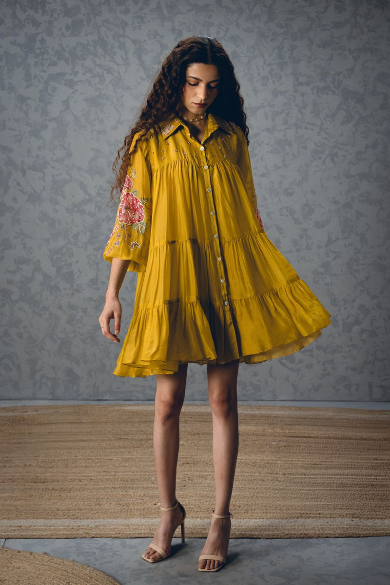 LANA DRESS – YELLOW silk organza dress by Paulmi & Harsh in mustard yellow for women Singapore