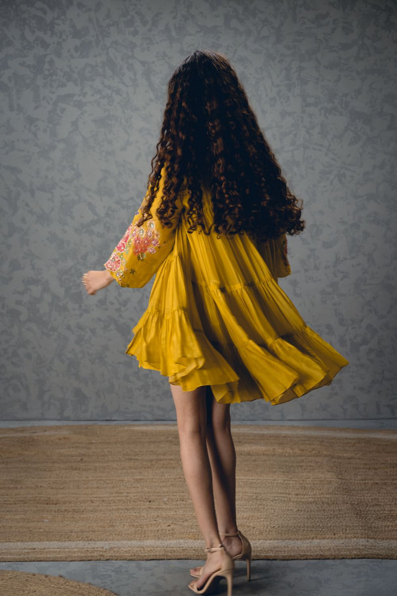 LANA DRESS – YELLOW silk organza dress by Paulmi & Harsh in mustard yellow for women Singapore