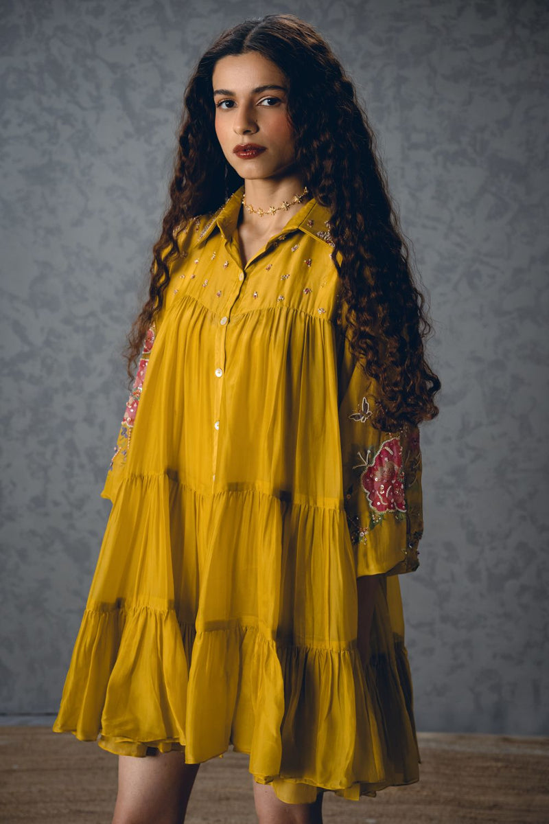 LANA DRESS – YELLOW silk organza dress by Paulmi & Harsh in mustard yellow for women Singapore