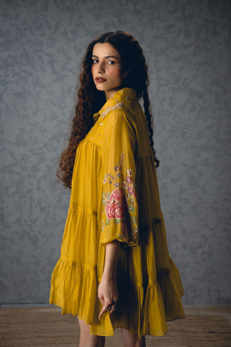 LANA DRESS – YELLOW silk organza dress by Paulmi & Harsh in mustard yellow for women Singapore