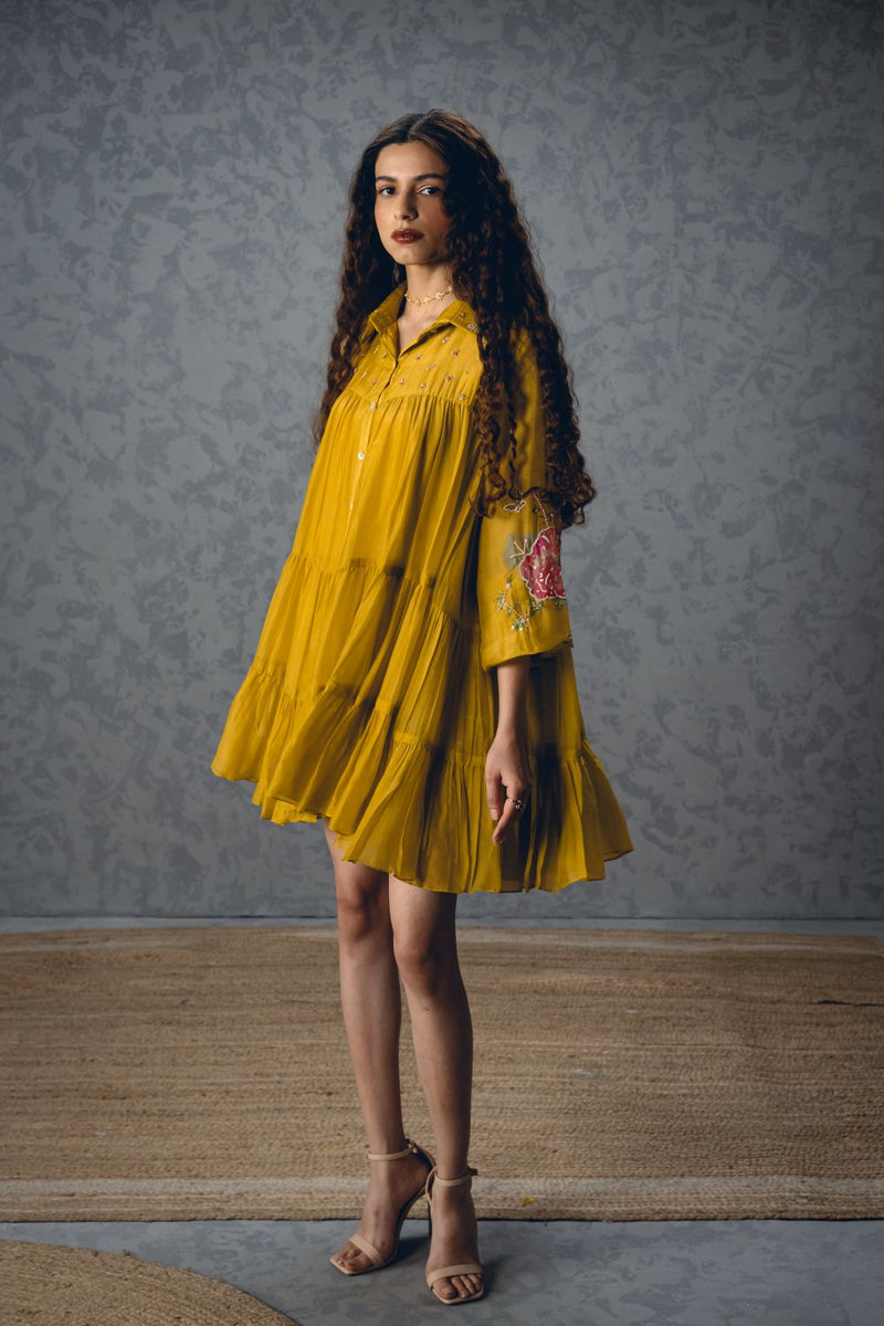 LANA DRESS – YELLOW silk organza dress by Paulmi & Harsh in mustard yellow for women Singapore