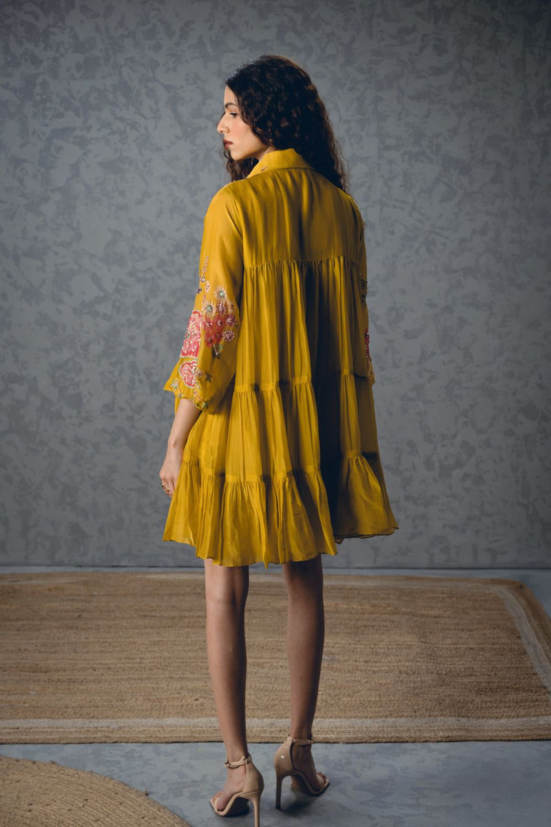 LANA DRESS – YELLOW silk organza dress by Paulmi & Harsh in mustard yellow for women Singapore