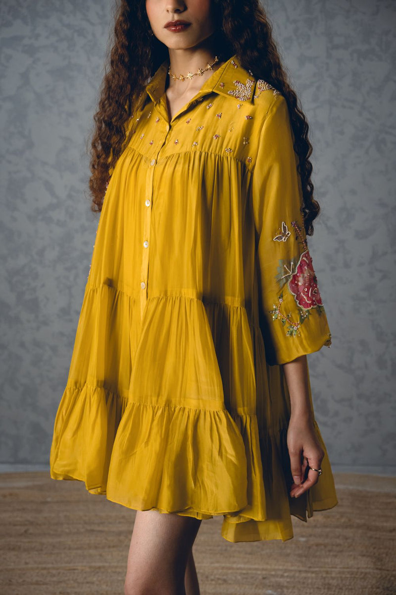LANA DRESS – YELLOW silk organza dress by Paulmi & Harsh in mustard yellow for women Singapore