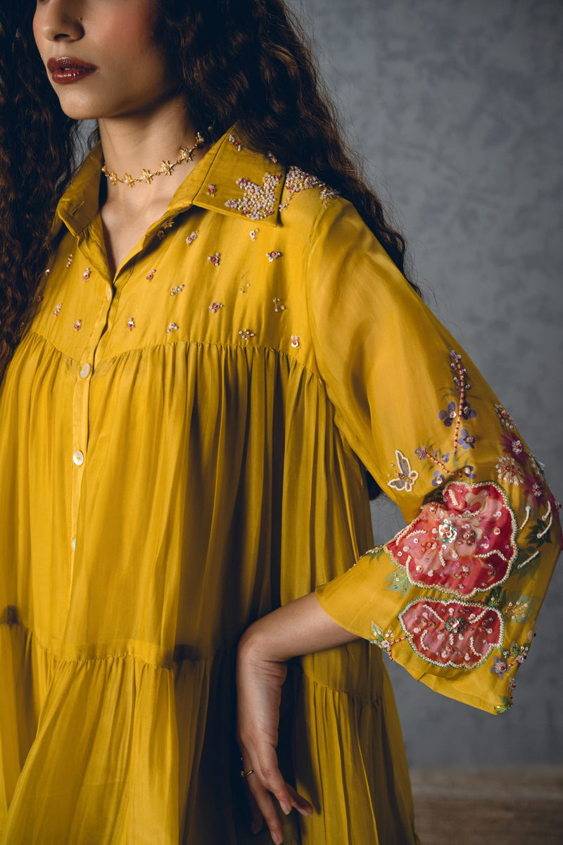 LANA DRESS – YELLOW silk organza dress by Paulmi & Harsh in mustard yellow for women Singapore