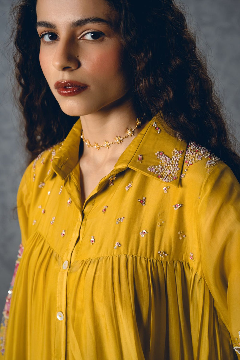 LANA DRESS – YELLOW silk organza dress by Paulmi & Harsh in mustard yellow for women Singapore